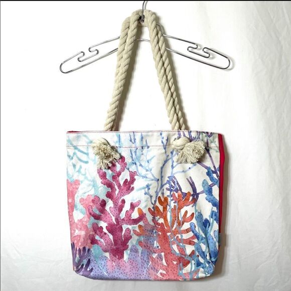 Coral Print Rope Handle Small Beach Tote Bag - Picture 11 of 11